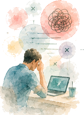 An operator at a laptop, frustrated by inconsistent AI results