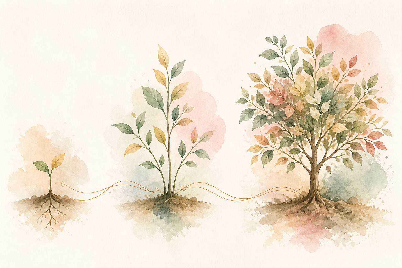 Three organic growth stages — a seedling, a branching plant, and a tended canopy